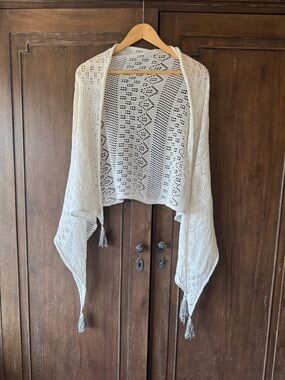 Open-Knit Tassel Wrap Shawl - Cream with grey tassels and trim.
